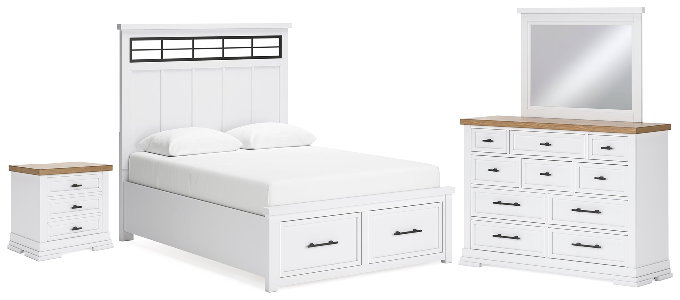 Best Furniture Outlet - Ashley Furniture - Ashbryn Bedroom - Queen Storage Bed, Dresser, Mirror and Nightstand / White/Natural - B844B8