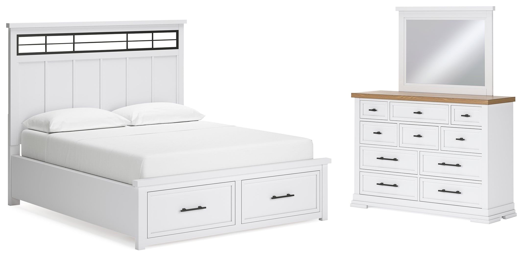 Best Furniture Outlet - Ashley Furniture - Ashbryn Bedroom - California King Panel Storage Bed, Dresser and Mirror / White/Natural - B844B7