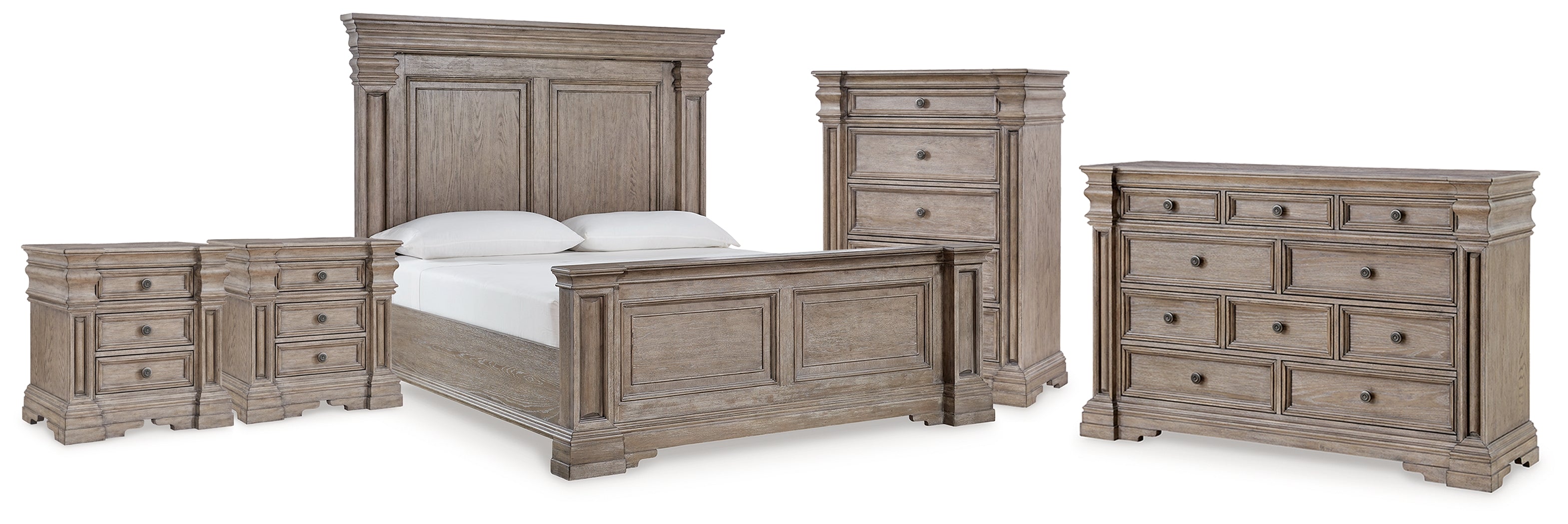 Best Furniture Outlet - Ashley Furniture - Blairhurst Bedroom - King Panel Bed, Dresser, Chest and 2  Nightstands / Light Grayish Brown - B916B11