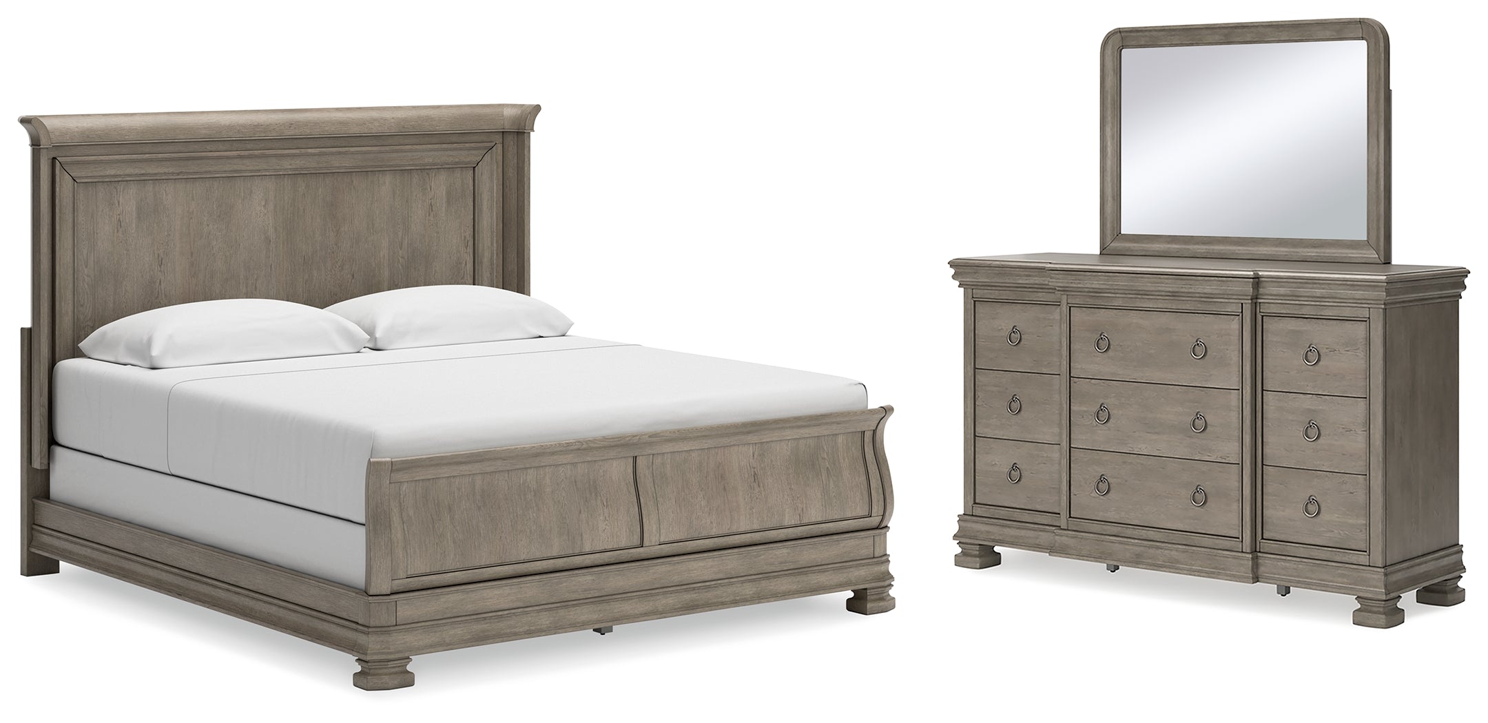 Best Furniture Outlet - Ashley Furniture - Lexorne Bedroom - King Sleigh Bed, Dresser and Mirror / Gray - B924B8
