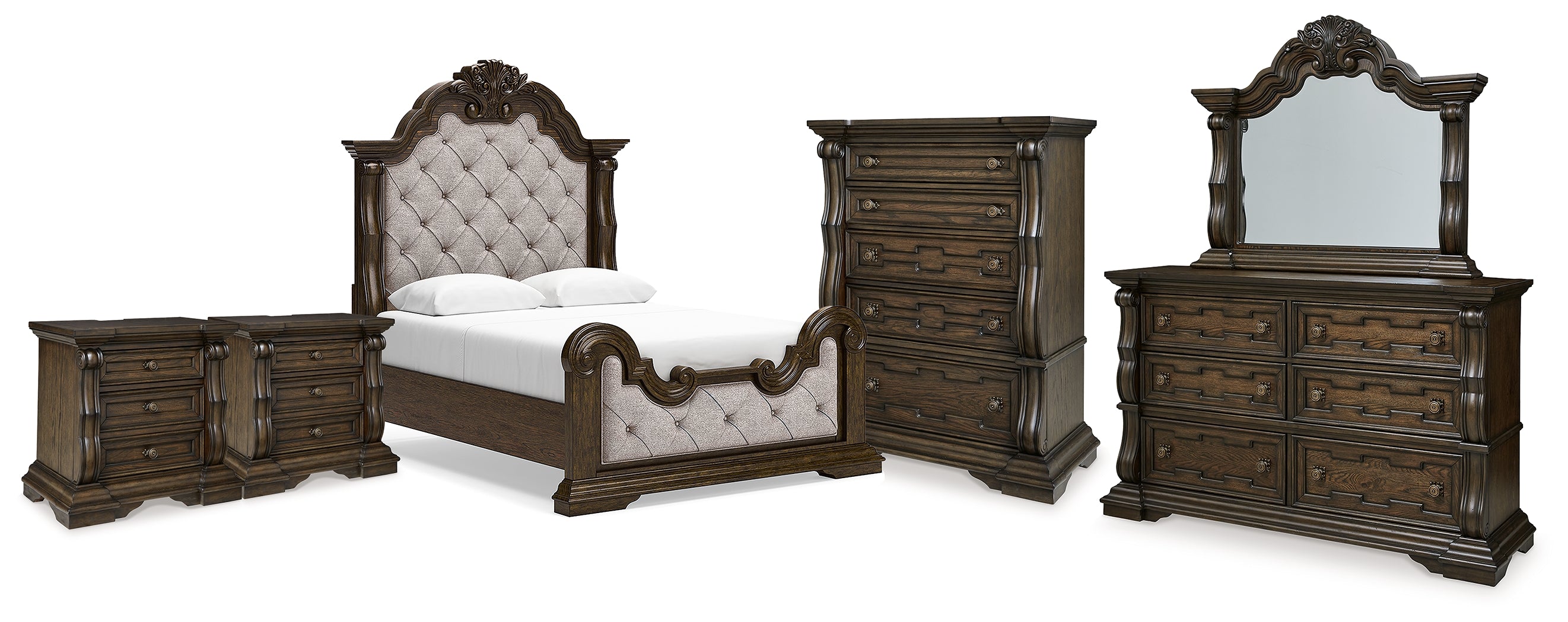Best Furniture Outlet - Ashley Furniture - Maylee Bedroom - Queen Panel Bed, Dresser, Mirror, Chest and 2 Nightstands / Dark Brown - B947B16