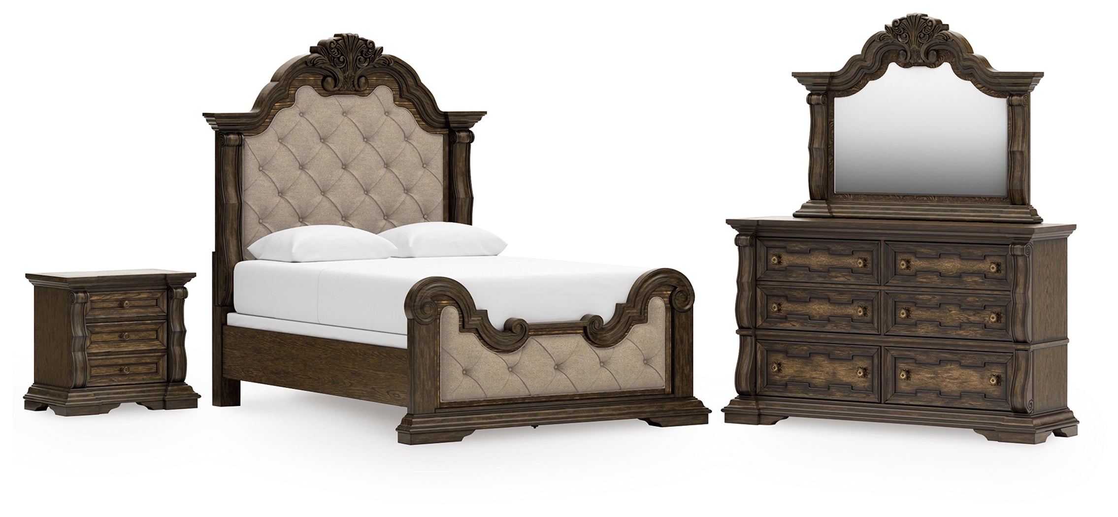Best Furniture Outlet - Ashley Furniture - Maylee Bedroom - Queen Upholstered Panel Bed, Dresser, Mirror and Nightstand / Dark Brown - B947B18
