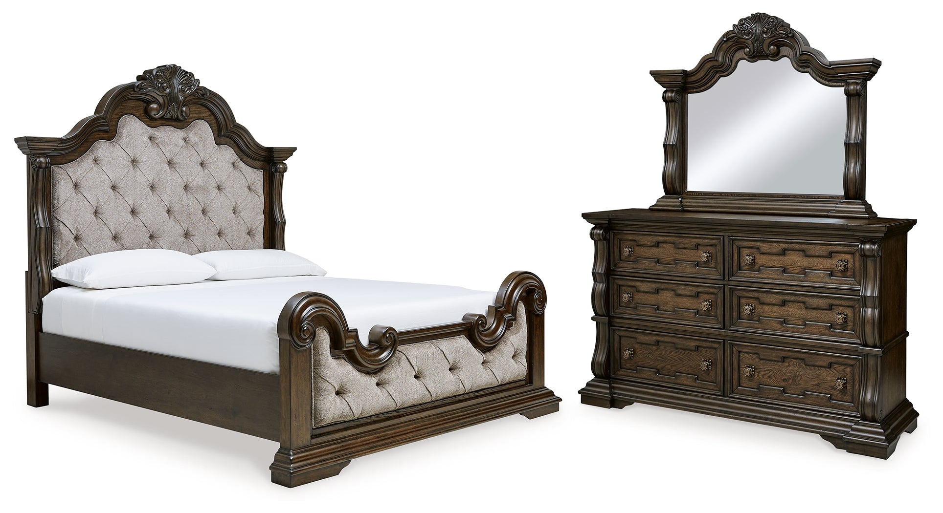 Best Furniture Outlet - Ashley Furniture - Maylee Bedroom - California King Upholstered Bed, Dresser and Mirror / Dark Brown - B947B7