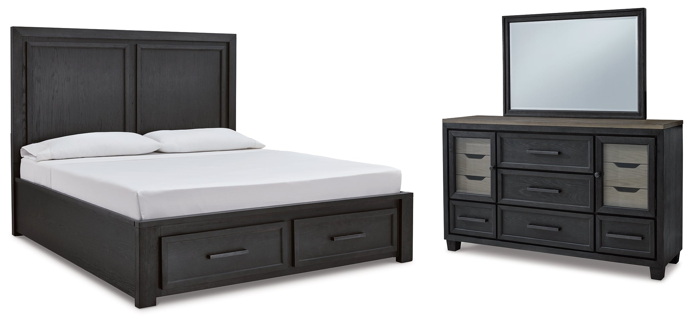 Best Furniture Outlet - Ashley Furniture - Foyland Bedroom - California King Panel Storage Bed, Dresser and Mirror / Black/Brown - B989B8