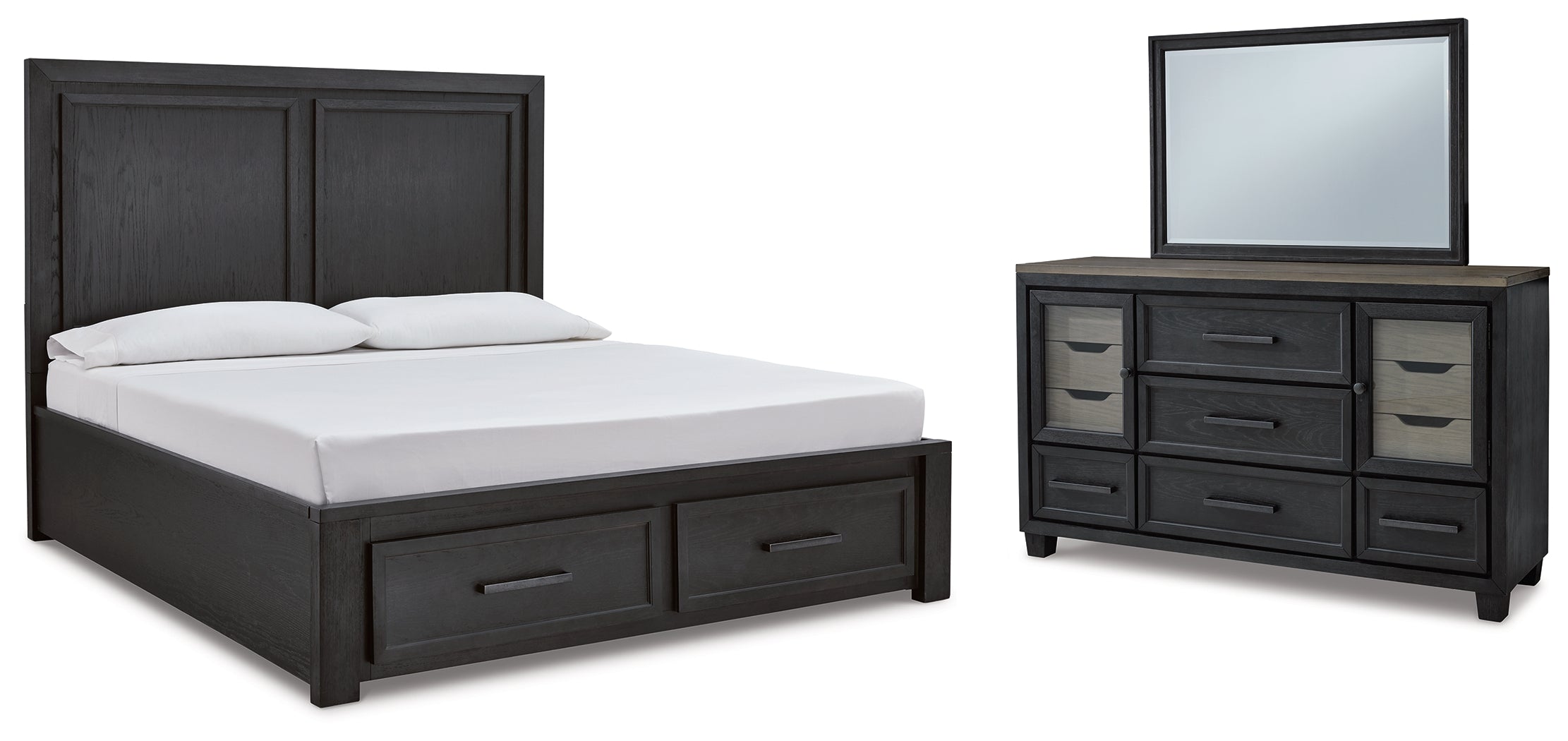 Best Furniture Outlet - Ashley Furniture - Foyland Bedroom - King Panel Storage Bed, Dresser and Mirror / Black/Brown - B989B7