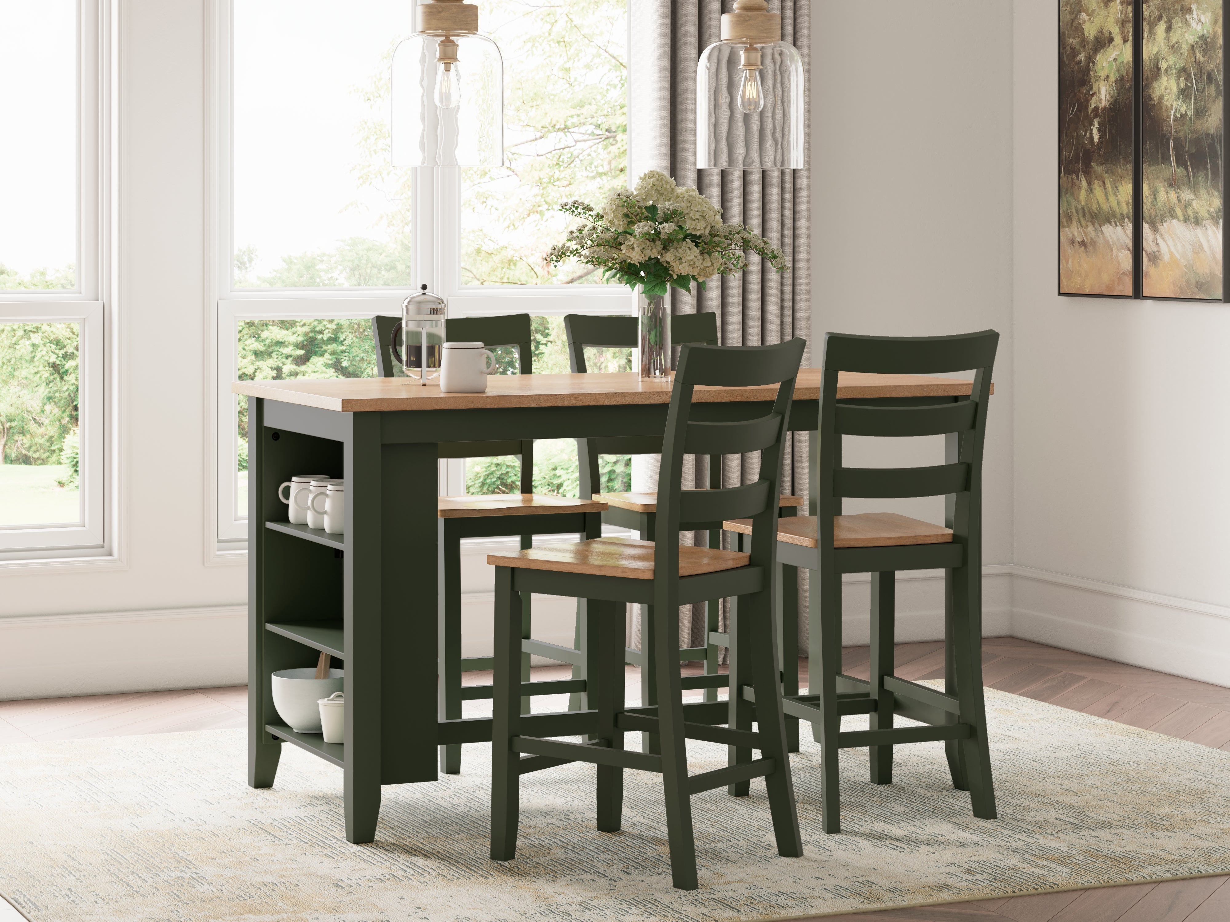 Best Furniture Outlet - Ashley Furniture - Gesthaven Dining Room - Counter Height Dining Table and 4 Barstools / Natural/Green - D401D2