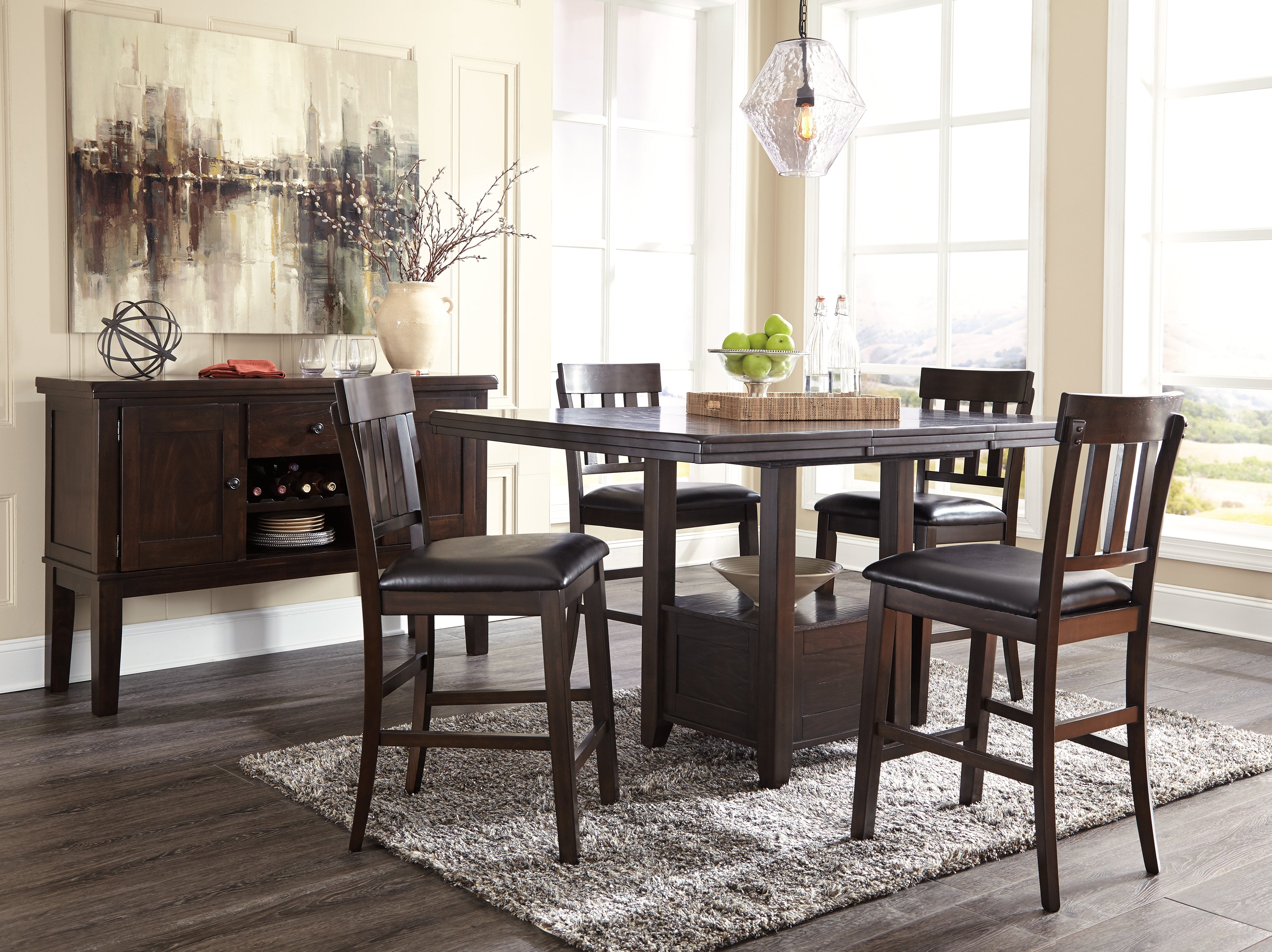 Best Furniture Outlet - Ashley Furniture - Haddigan Dining Room - Counter Height Dining Table, 4 Barstools and Server / Dark Brown - D596D8
