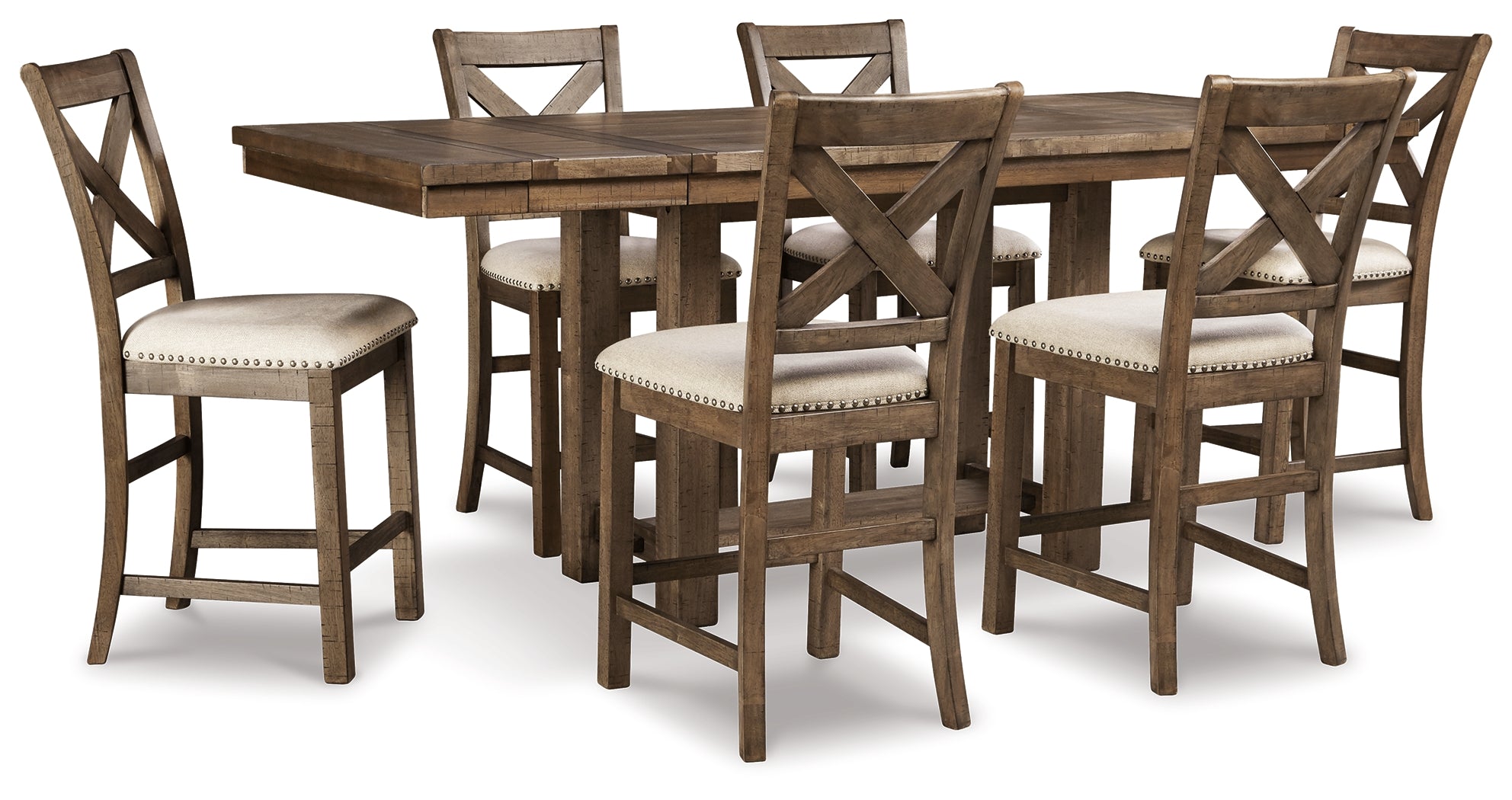 Best Furniture Outlet - Ashley Furniture - Moriville Dining Room - Counter Height Dining Table and 6 Barstools / Beige - D631D10