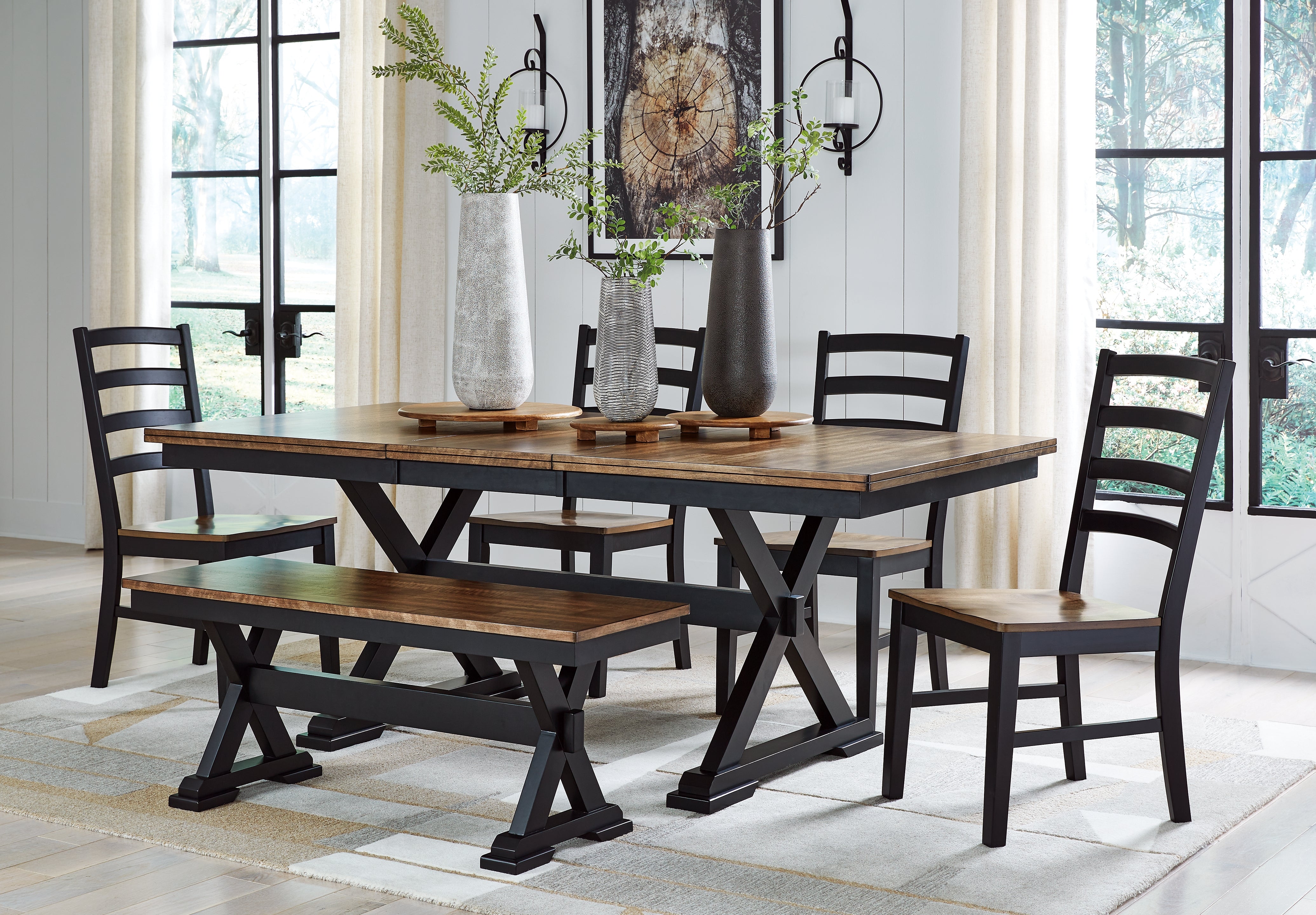 Best Furniture Outlet - Ashley Furniture - Wildenauer Dining Room - Dining Table, 4 Chairs and Bench / Brown/Black - D634D2