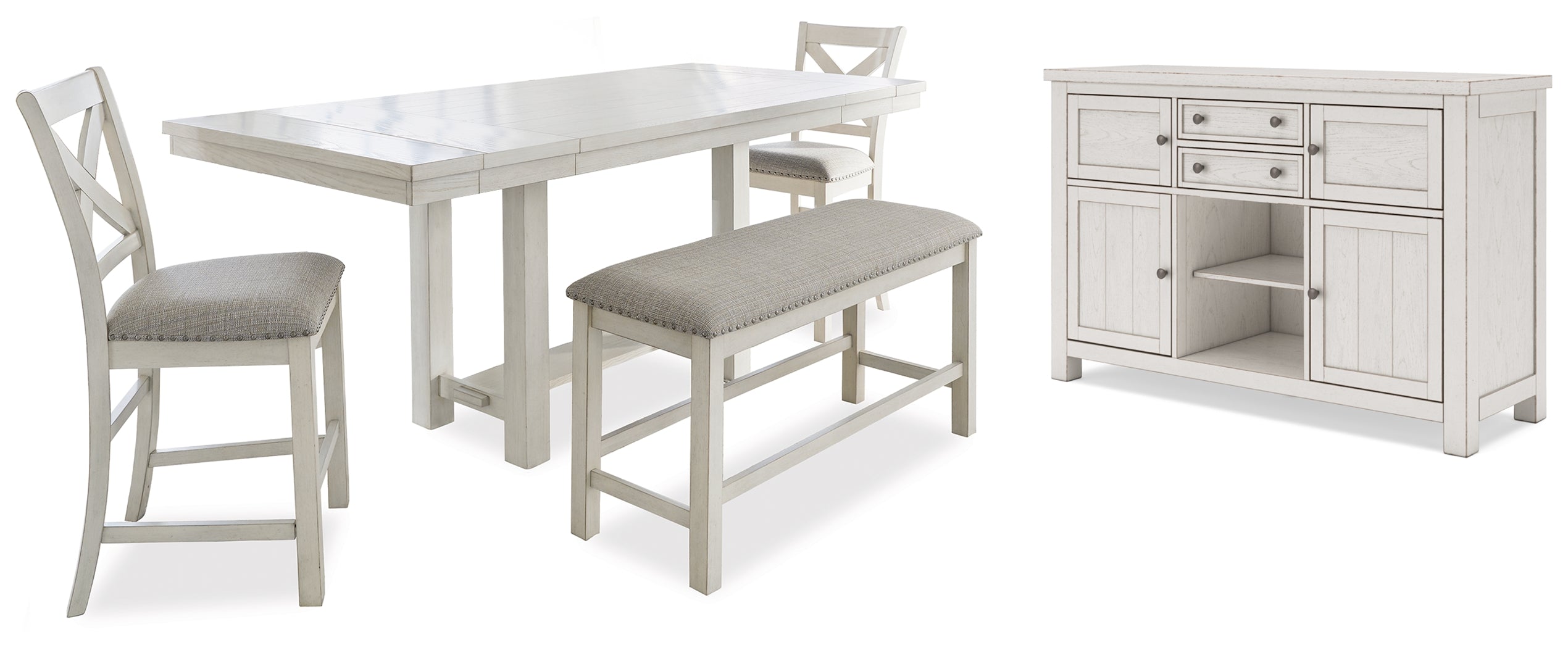 Best Furniture Outlet - Ashley Furniture - Robbinsdale Dining Room - Counter Height Dining Table, 2 Barstools, Bench and Server / Antique White - D642D8