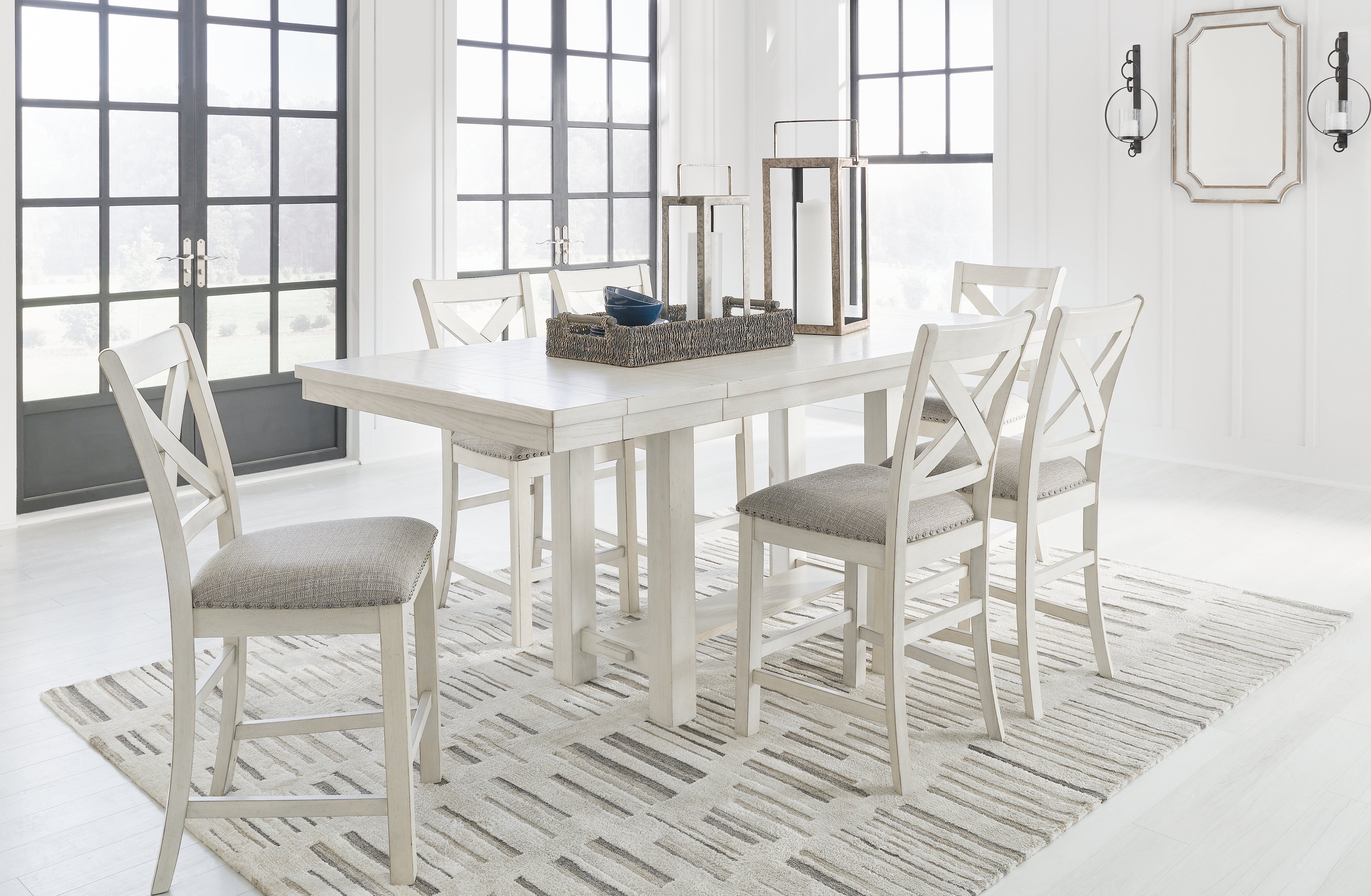 Best Furniture Outlet - Ashley Furniture - Robbinsdale Dining Room - Counter Height Dining Table and 6 Barstools / Antique White - D642D5