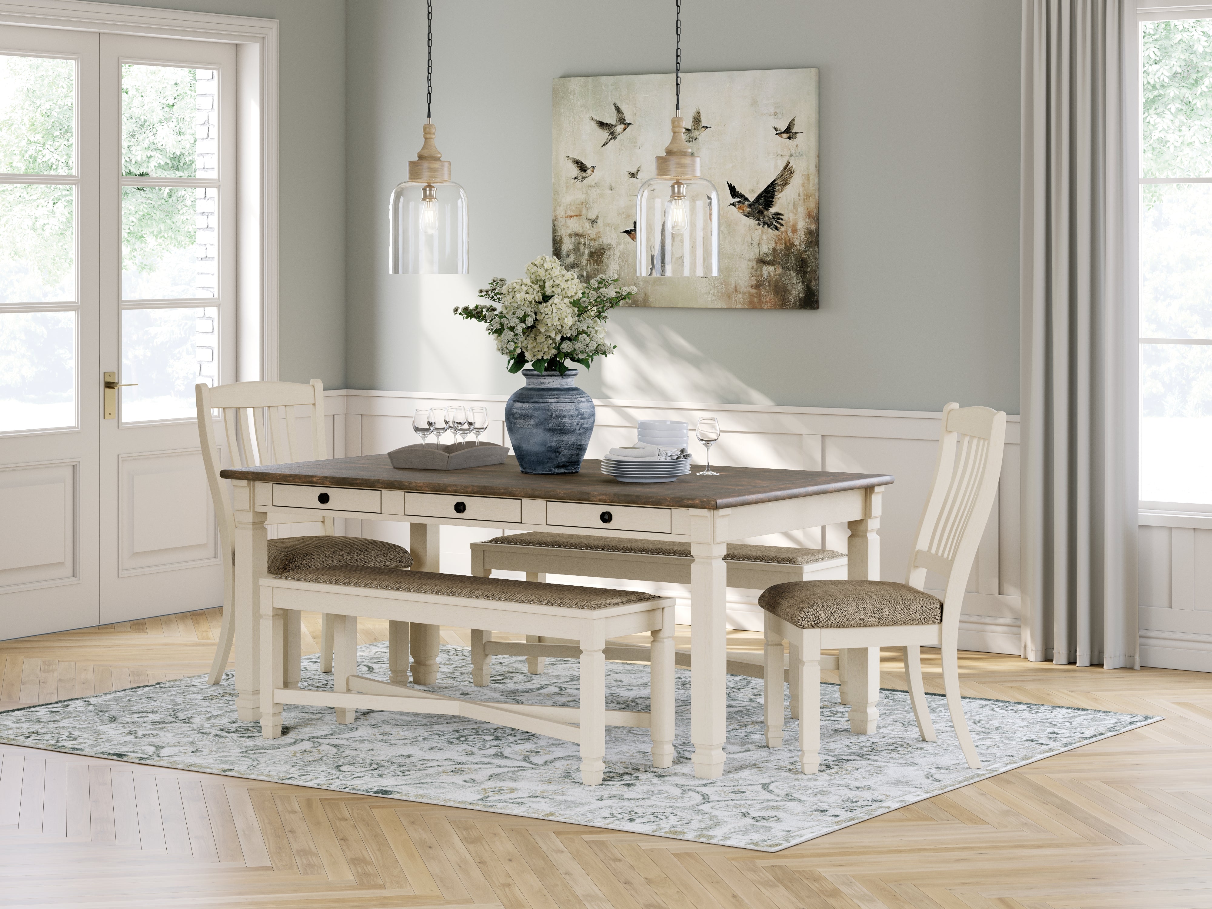 Best Furniture Outlet - Ashley Furniture - Bolanburg Dining Room - Dining Table with 2 Chairs and 2 Benches / Antique White - D647D7