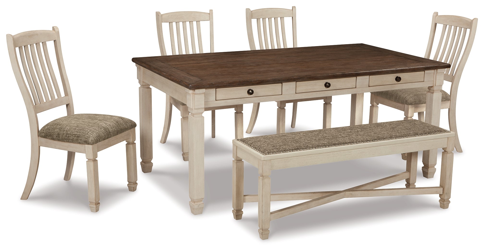 Best Furniture Outlet - Ashley Furniture - Bolanburg Dining Room - Dining Table with 4 Chairs and Bench / Antique White - D647D2