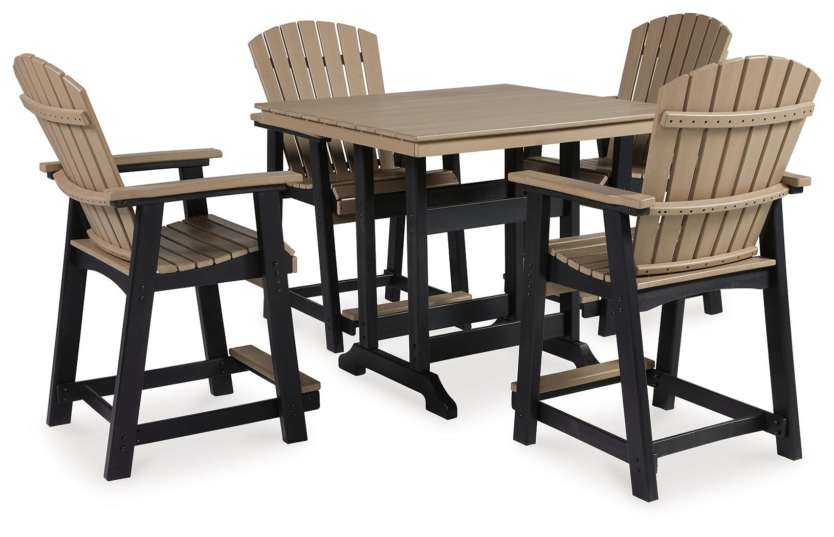 Best Furniture Outlet - Ashley Furniture - Fairen Trail Outdoor - Outdoor Counter Height Dining Table with 4 Barstools / Black/Driftwood - P211P3