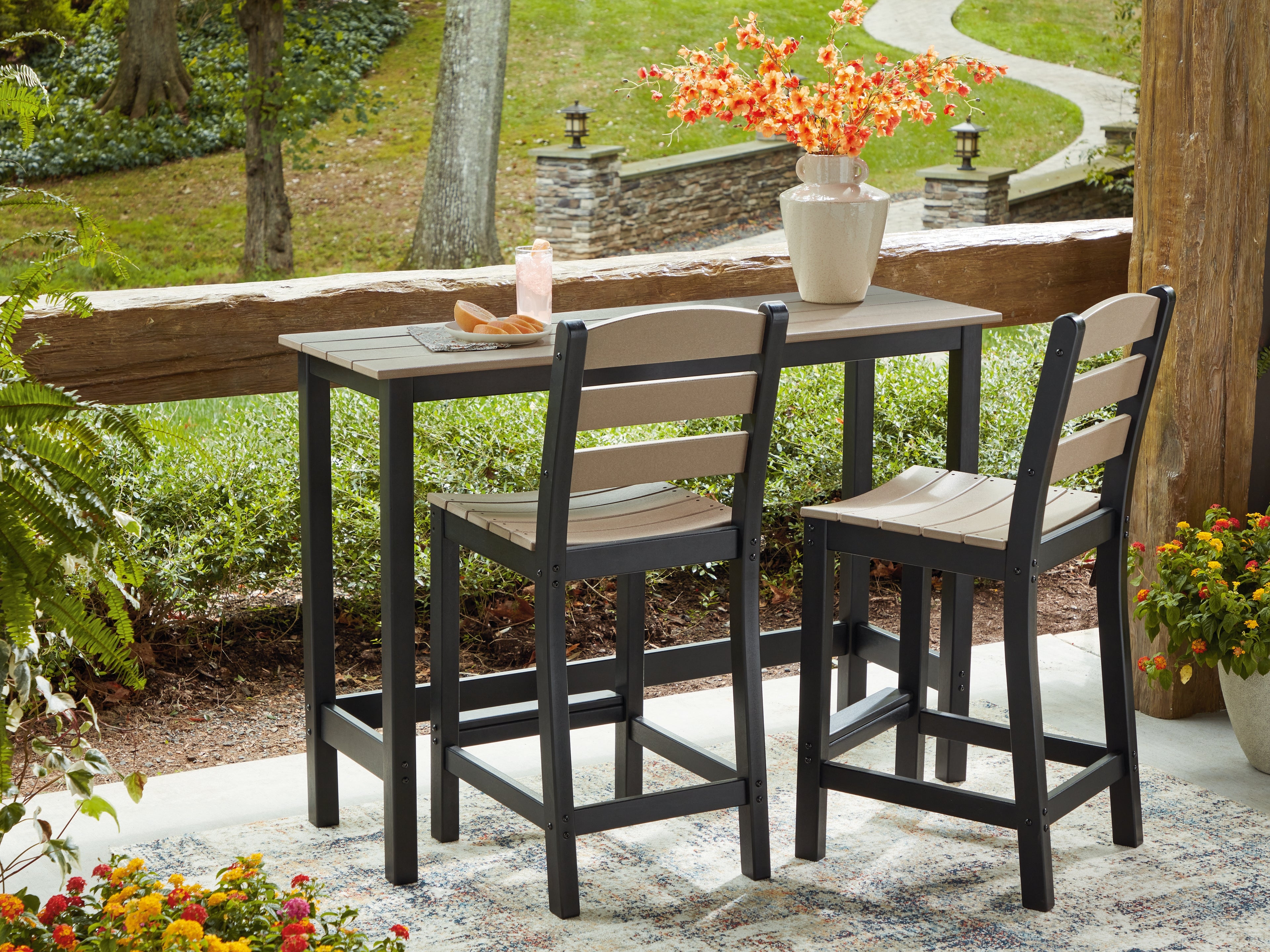 Best Furniture Outlet - Ashley Furniture - Shoreline Beach Outdoor - Counter Table Set (3/CN) / Black/Beige - PCP221-113