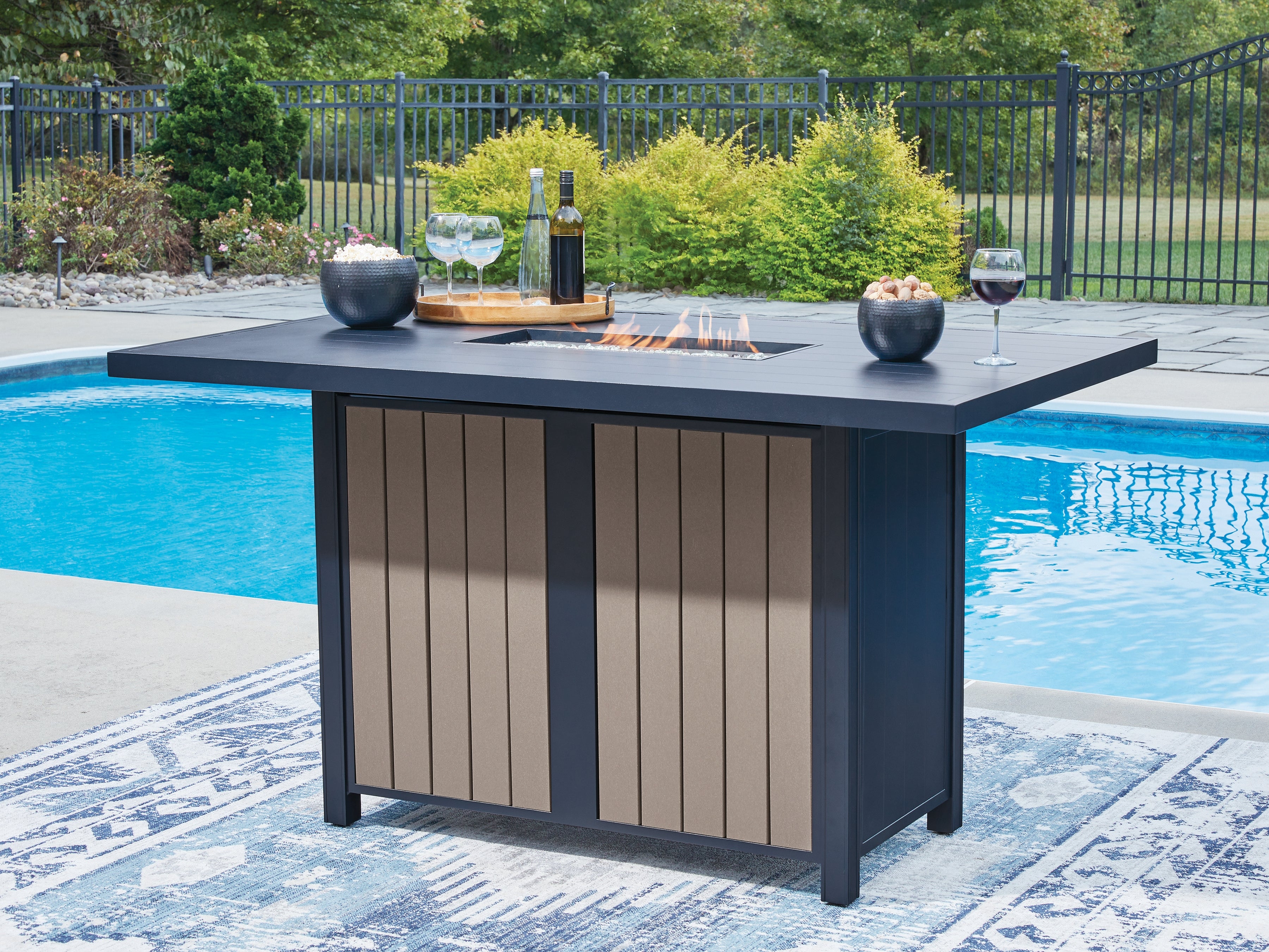 Best Furniture Outlet - Ashley Furniture - East Beach Outdoor - RECT Bar Table w/Fire Pit / Navy Blue/Driftwood - PCP587-665