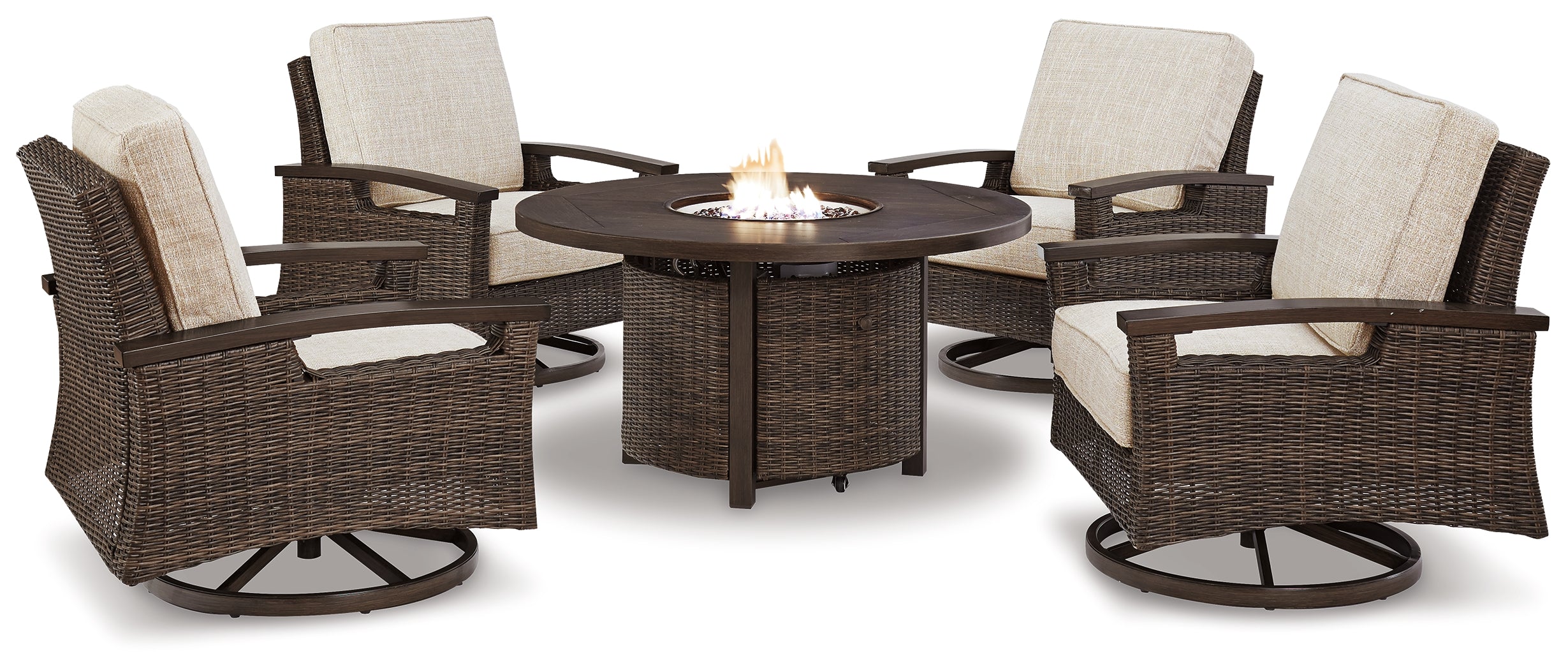 Best Furniture Outlet - Ashley Furniture - Paradise Trail Outdoor - Outdoor Fire Pit Table with 4 Lounge Chairs / Medium Brown - P750P7