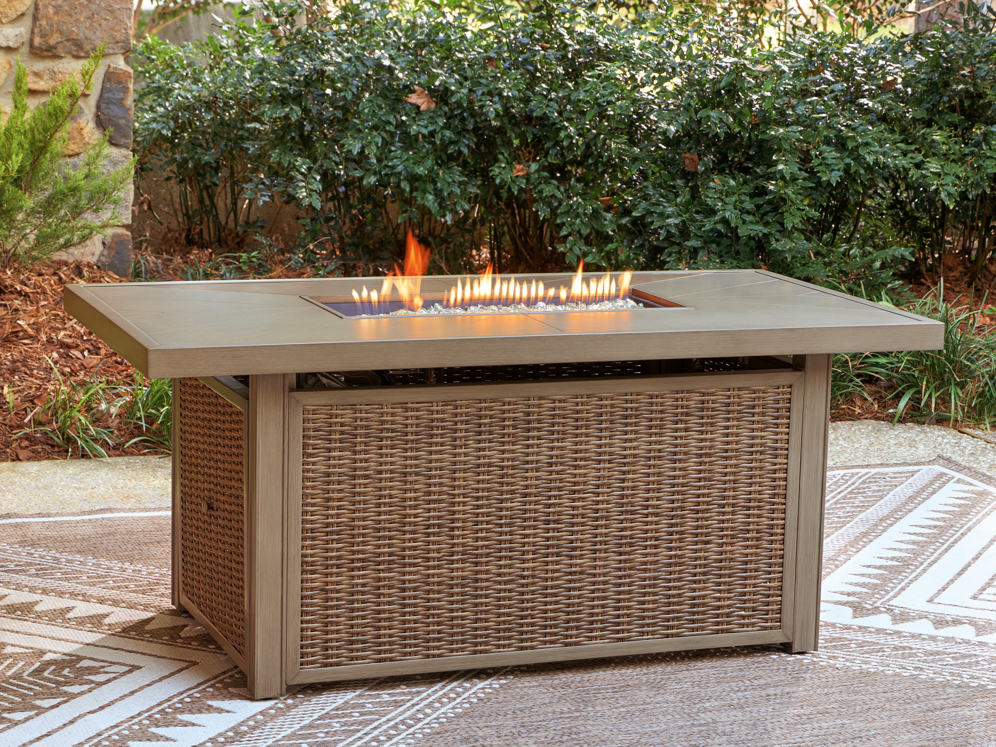 Best Furniture Outlet - Ashley Furniture - Laguna Heights Outdoor - Rectangular Fire Pit Table / Beige - PCP790-773