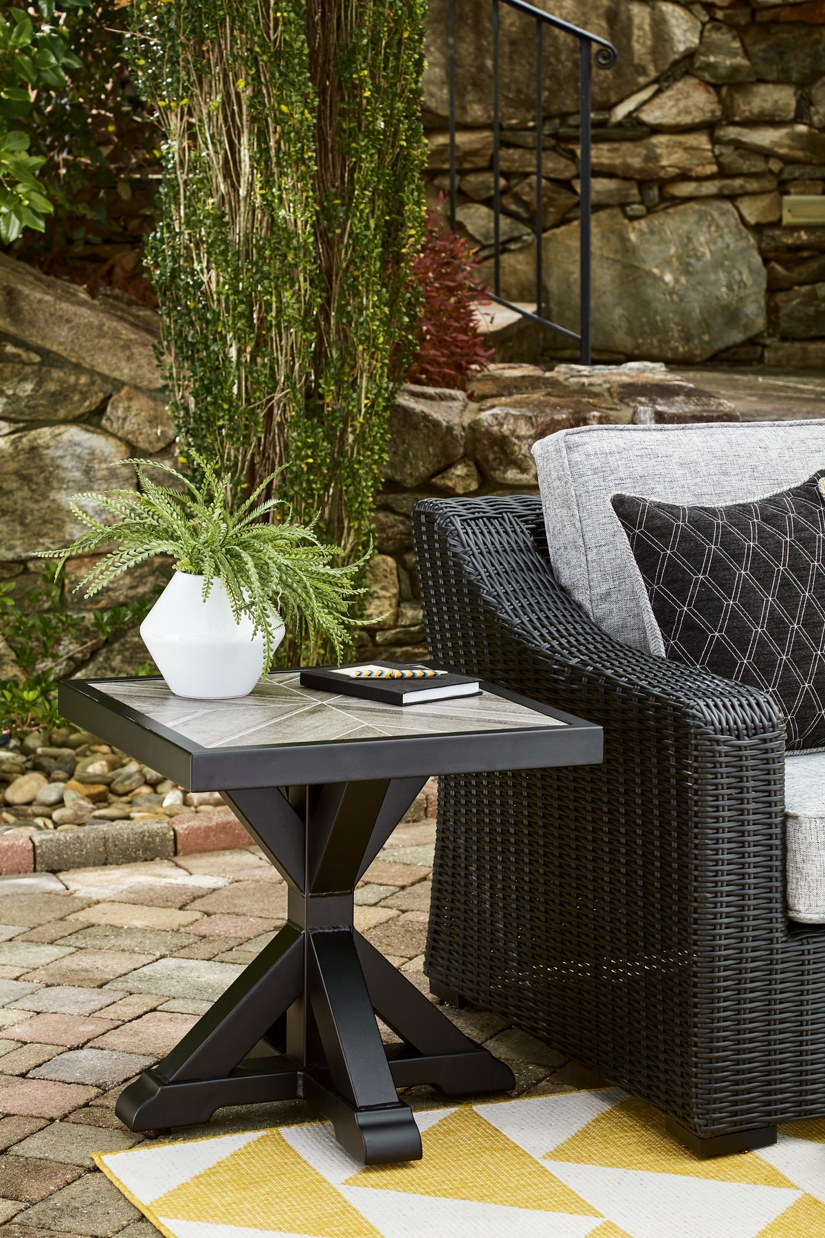 Best Furniture Outlet - Ashley Furniture - Beachcroft Outdoor - Square End Table / Black/Light Gray - P792-702