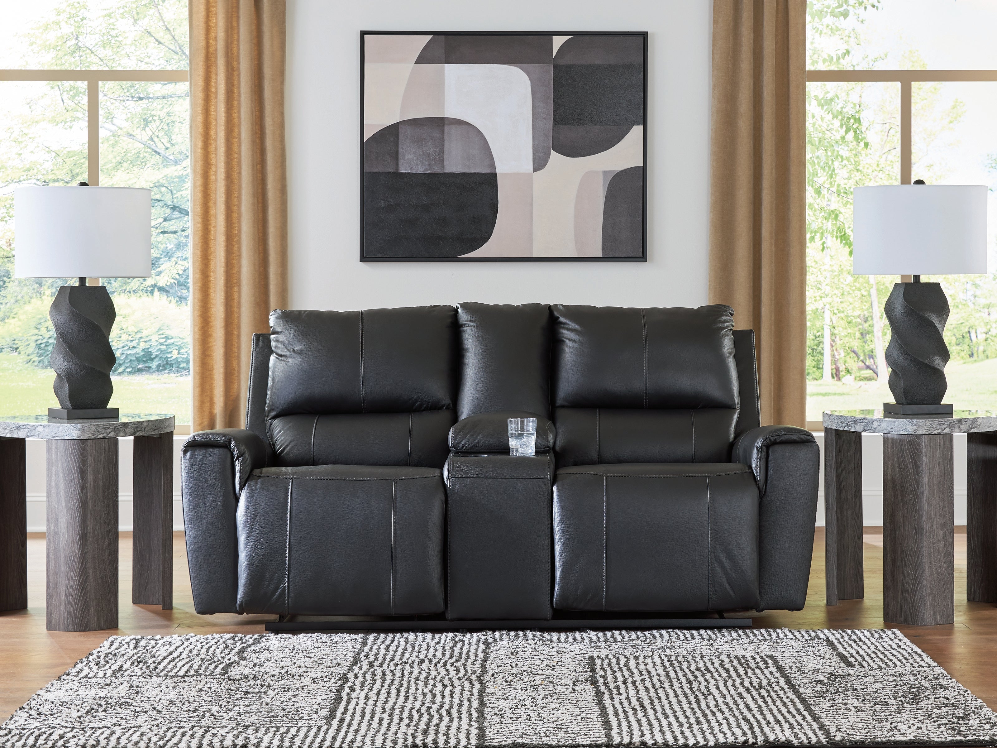 Best Furniture Outlet - Ashley Furniture - Glossmore Living Room - DBL Rec Loveseat w/Console / Black - PCU1170094