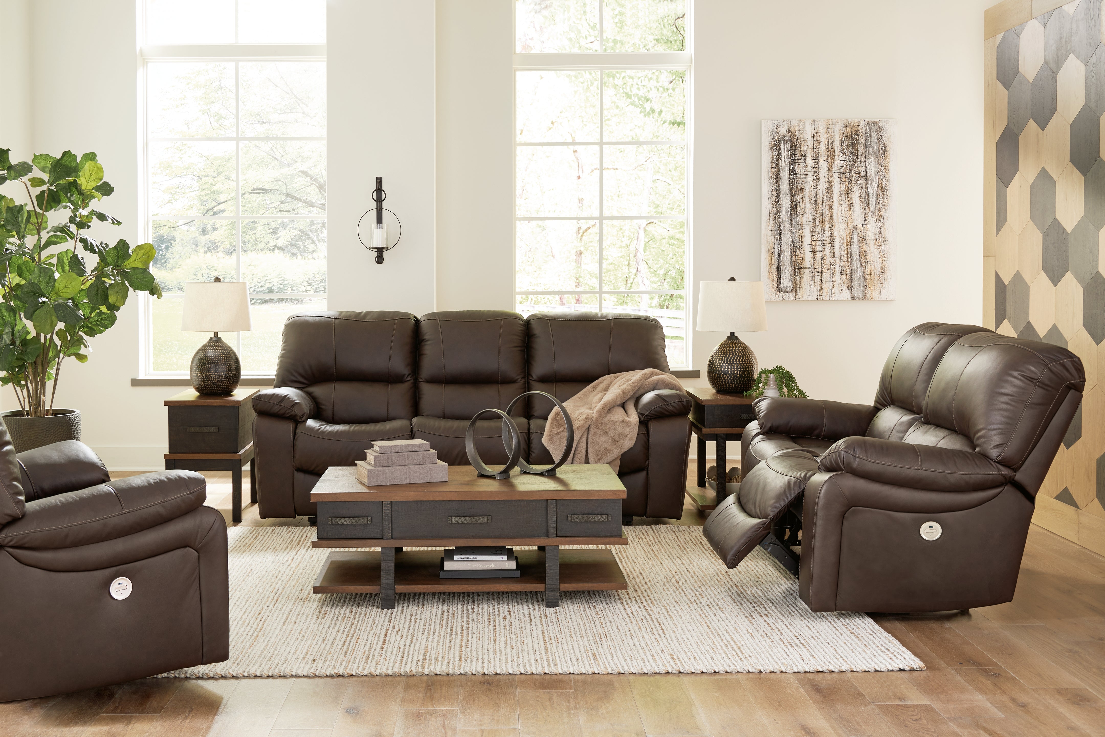 Best Furniture Outlet - Ashley Furniture - Leesworth Power Reclining Sofa, Loveseat and Recliner - Power Reclining Sofa, Loveseat and Recliner / Dark Brown - U43808U2